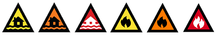Examples of 6 AWS icons, including yellow flood, orange flood, red flood, yellow bushfire, orange bushfire and red bushfire icons.