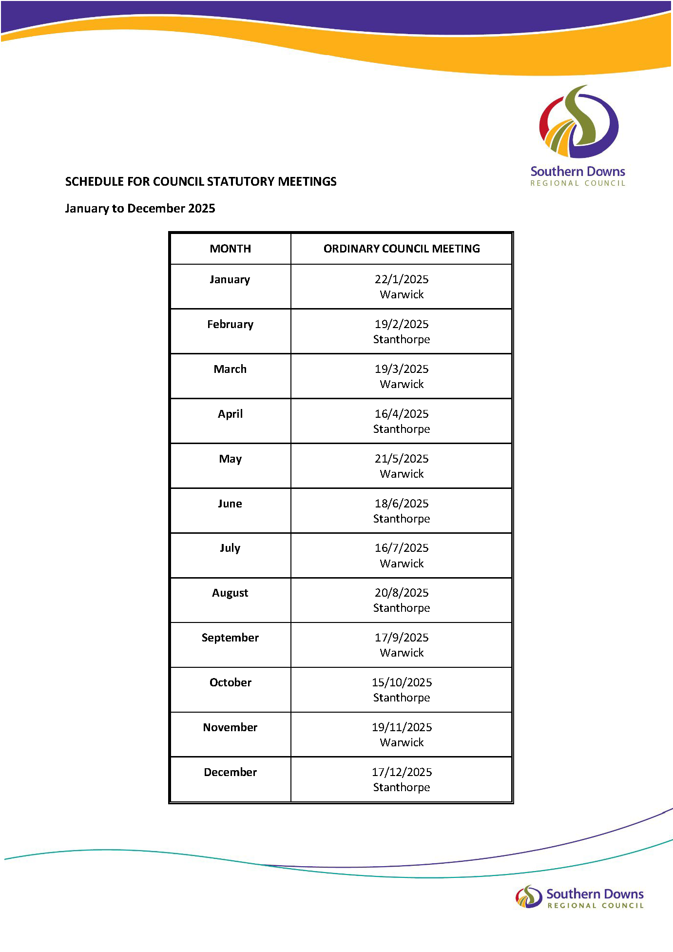 Calendar for Council Statutory Meetings January to December 2025