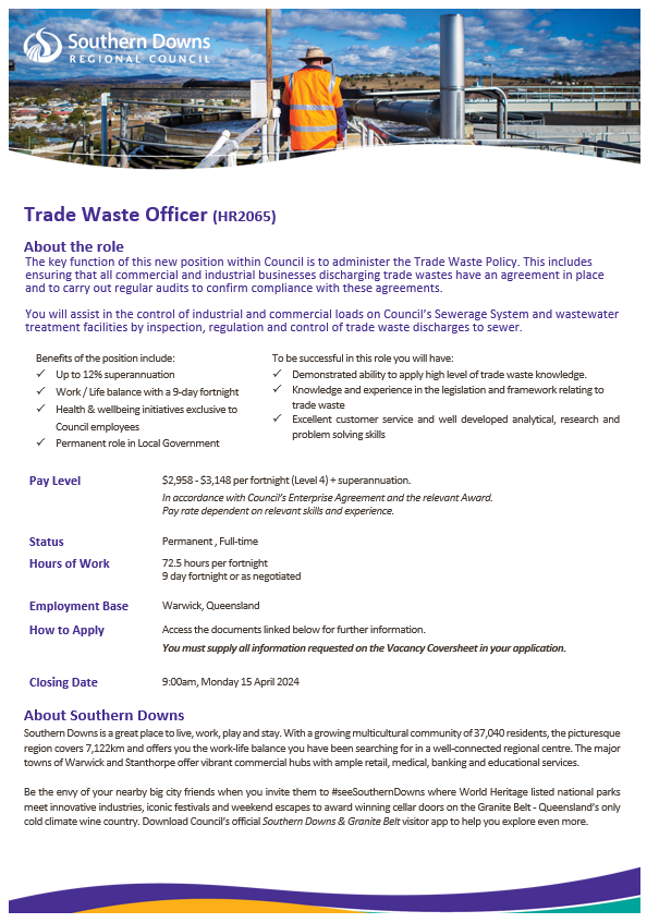 HR2065 Trade Waste Officer Southern Downs Regional Council